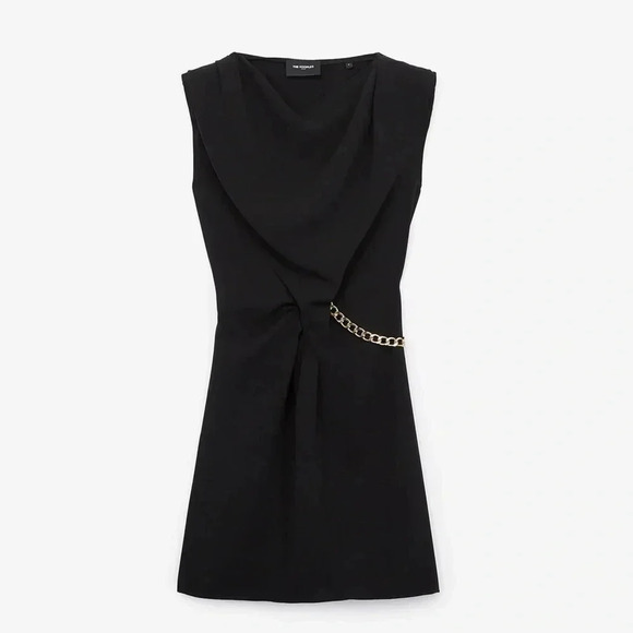 The Kooples Sleeveless Draped Black Dress with Epaulettes and Chain Detail Sz. 3 - Picture 1 of 12